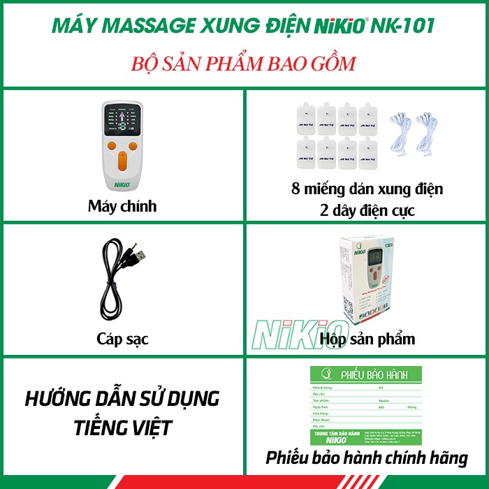 Bộ sản phẩm máy massage xung điện 8 miếng dán pin sạc Nikio NK-101