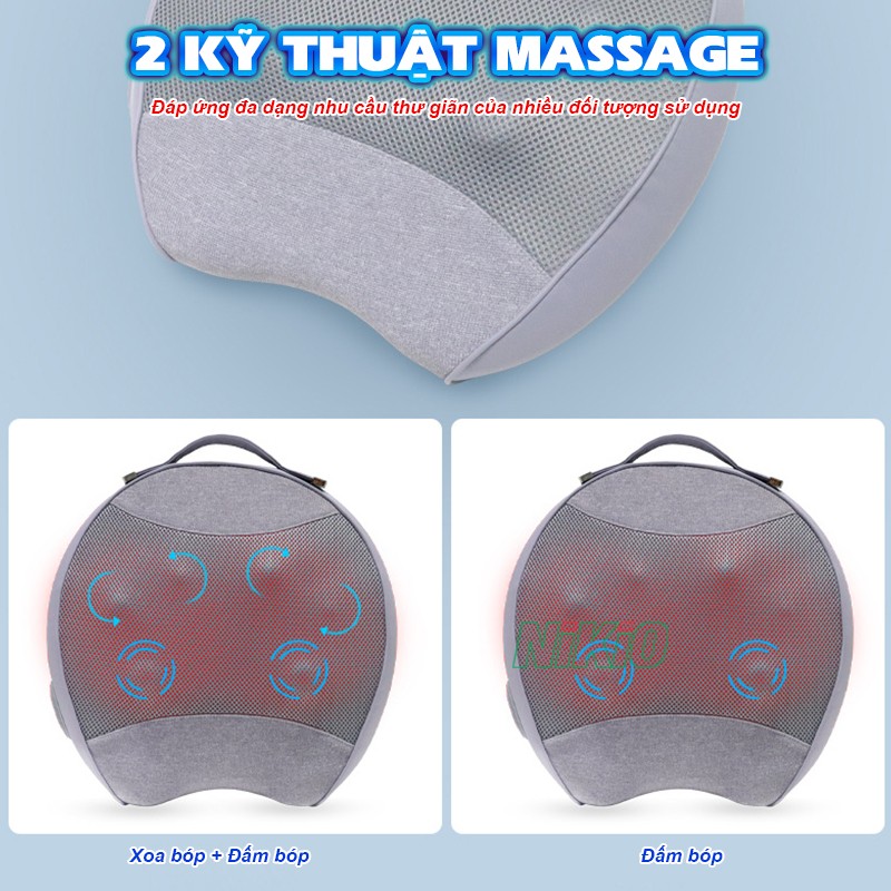 Gối massage lưng, cổ vai gáy Nikio NK-137 2 kỹ thuật xoa bóp