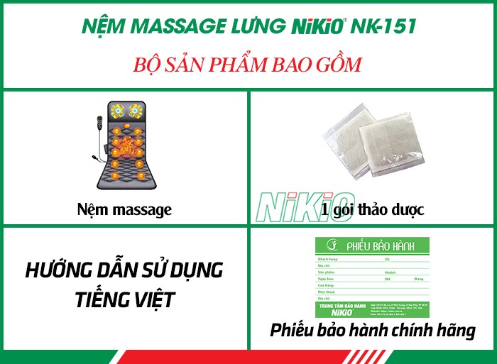 Bộ sản phẩm nệm massage toàn thân xoay, nhiệt, rung có gối mát xa cổ Nikio NK-151