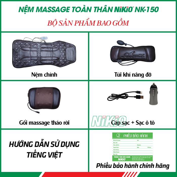 Bộ sản phẩm bao gồm của nệm massage toàn thân Nikio NK-150