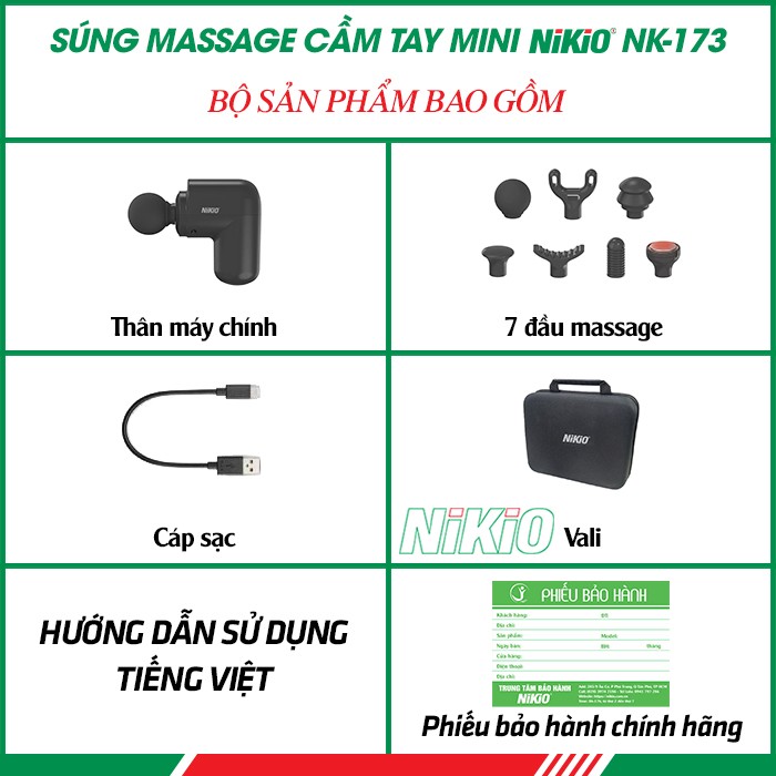 Bộ sản phẩm súng massage cầm tay mini có đầu nóng Nikio NK-173
