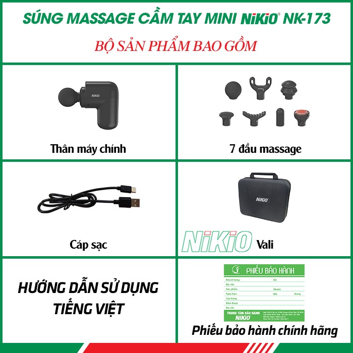 Bộ sản phẩm súng massage cầm tay mini có đầu nóng Nikio NK-173