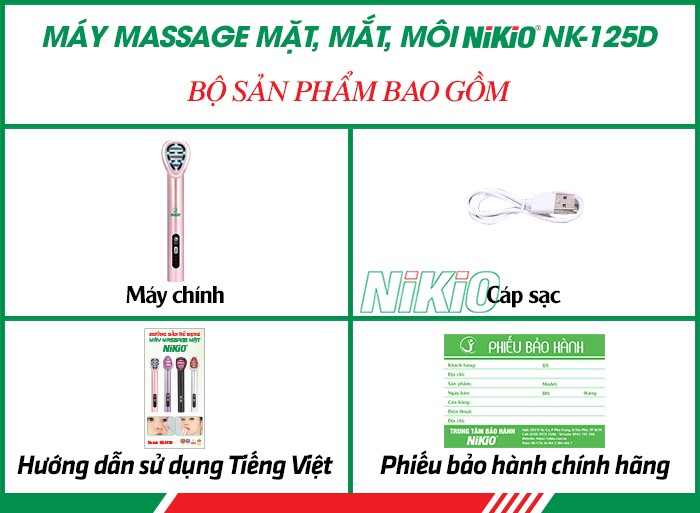 Bộ sản phẩm của máy massage mặt mắt môi Nikio NK-125D