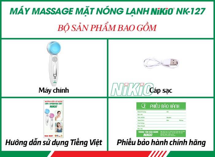 Bộ sản phẩm bao gồm của máy massage mặt nóng lạnh Nikio NK-127