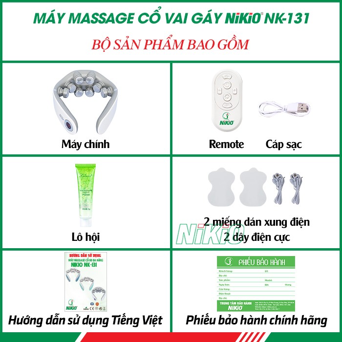 Bộ sản phẩm bao gồm của máy massage cổ vai gáy Nikio NK-131