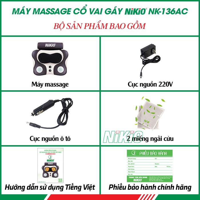 Bộ sản phẩm máy massage cổ vai gáy kết hợp đấm bóp lưng Nikio NK-136AC