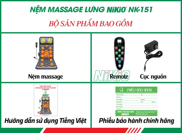 Bộ sản phẩm nệm massage toàn thân xoay, nhiệt, rung có gối mát xa cổ Nikio NK-151