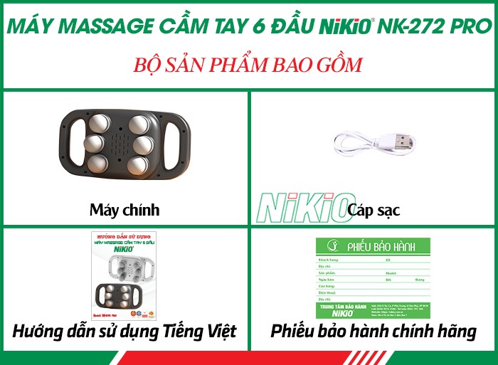 Bộ sản phẩm bao gồm của máy massage cầm tay Nikio NK-272 pro