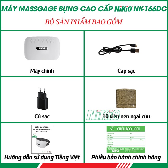 Bộ sản phẩm bao gồm máy massage bụng cao cấp Nikio NK-166DC