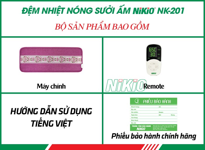 Bộ sản phẩm bao gồm của đệm nhiệt nóng sưởi ấm Nikio NK-201