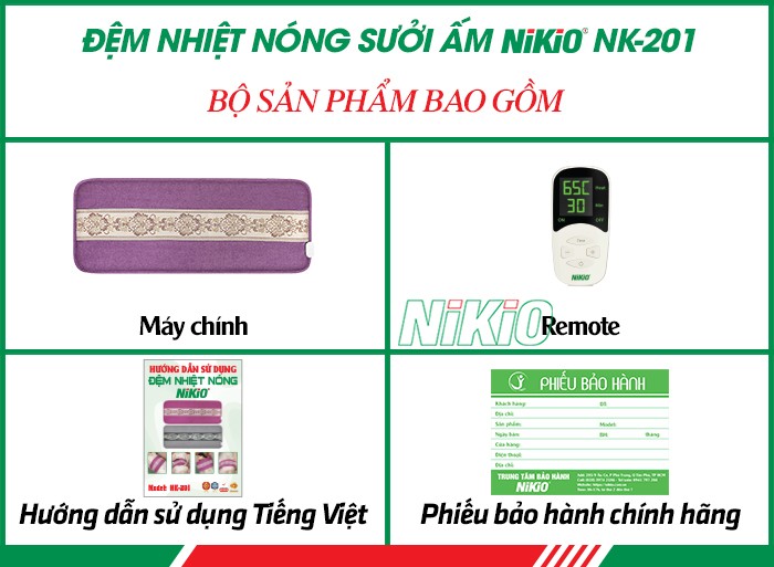 Bộ sản phẩm bao gồm của đệm nhiệt nóng sưởi ấm Nikio NK-201