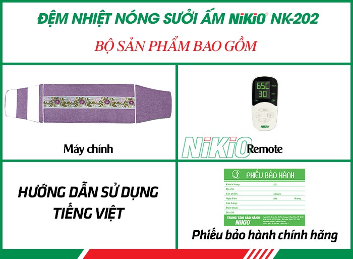 Bộ sản phẩm gồm có của đệm nhiệt nóng sưởi ấm Nikio NK-202