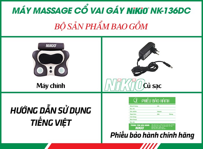 Bộ sản phẩm máy massage đấm bóp cổ vai gáy, lưng cao cấp Nikio NK-136DC