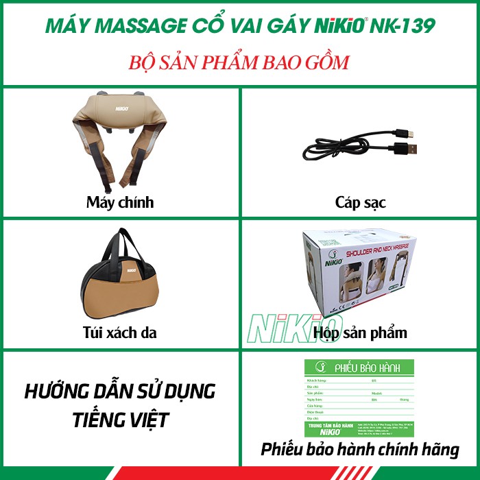 Bộ sản phẩm bao gồm của máy massage cổ vai gáy Nikio NK-139