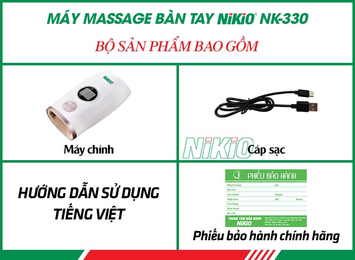 Bộ sản phẩm gồm có của máy massage bàn tay Nikio NK-330