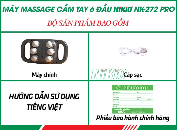 Bộ sản phẩm bao gồm của máy massage cầm tay Nikio NK-272 pro