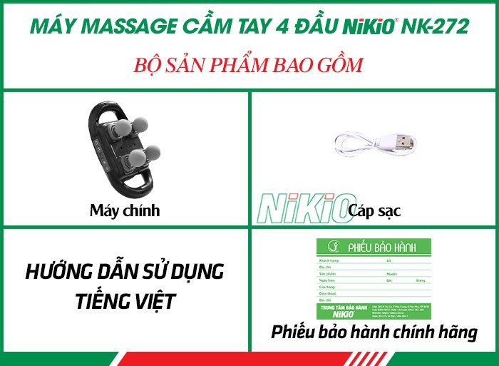 Bộ sản phẩm bao gồm của máy massage cầm tay 4 đầu Nikio NK-272