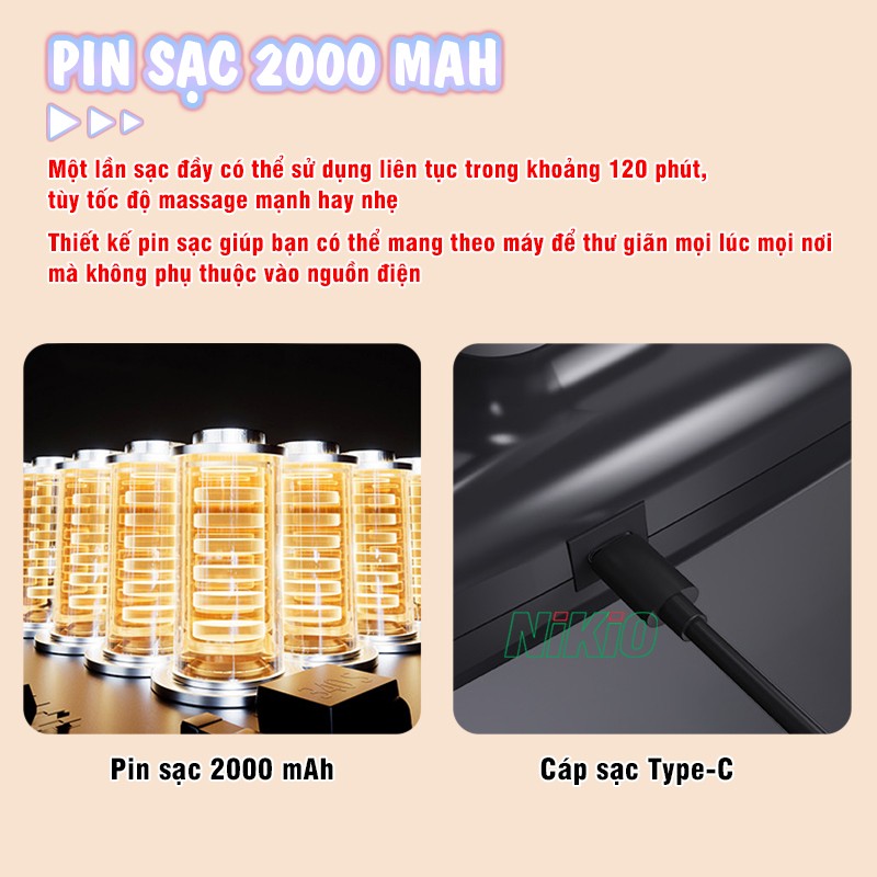 Súng massage cầm tay 4 đầu pin sạc 2000 mAh Nikio NK-272