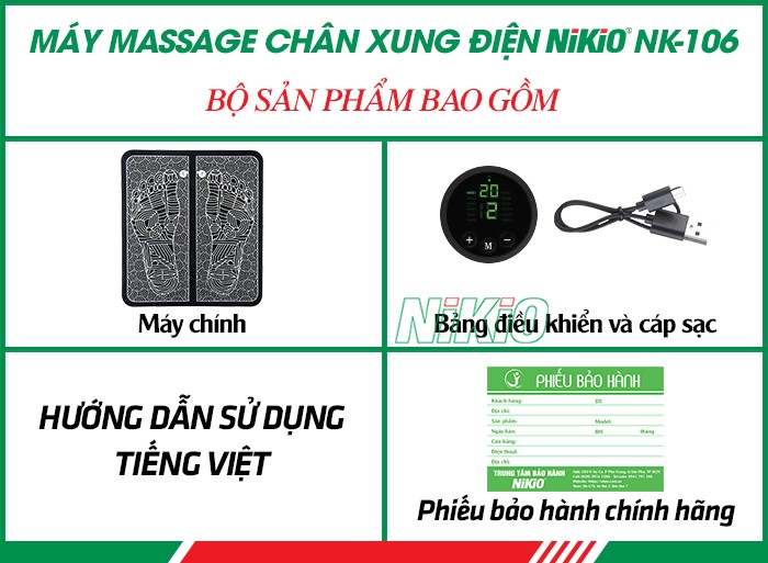 Bộ sản phẩm của máy massage chân xung điện Nikio NK-106