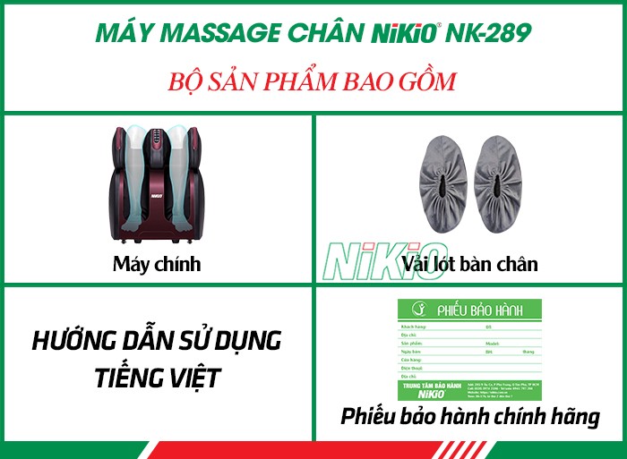 Bộ sản phẩm bao gồm của máy massage chân Nikio NK-289