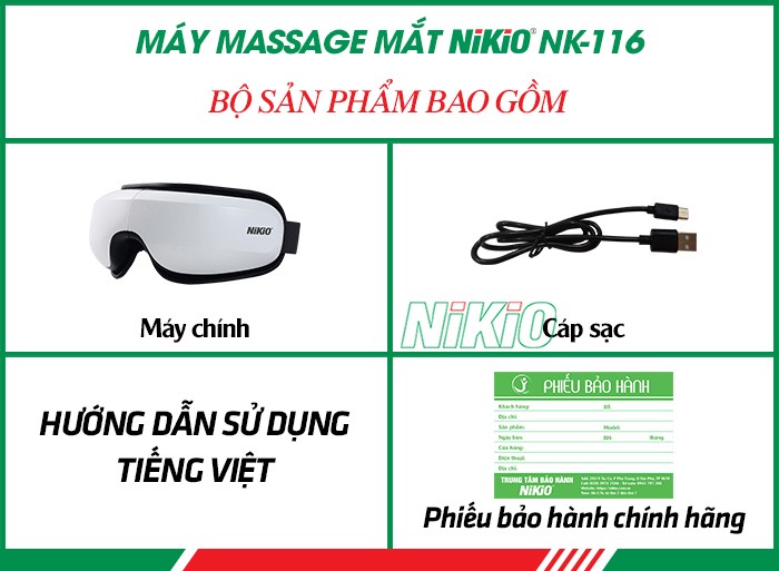 Bộ sản phẩm bao gồm của máy massage mắt Nikio NK-116