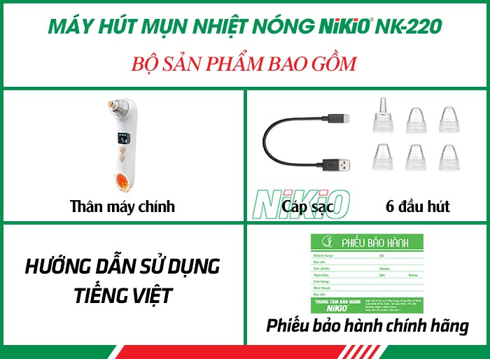 Bộ sản phẩm máy hút mụn đầu đen kết hợp massage nhiệt nóng Nikio NK-220