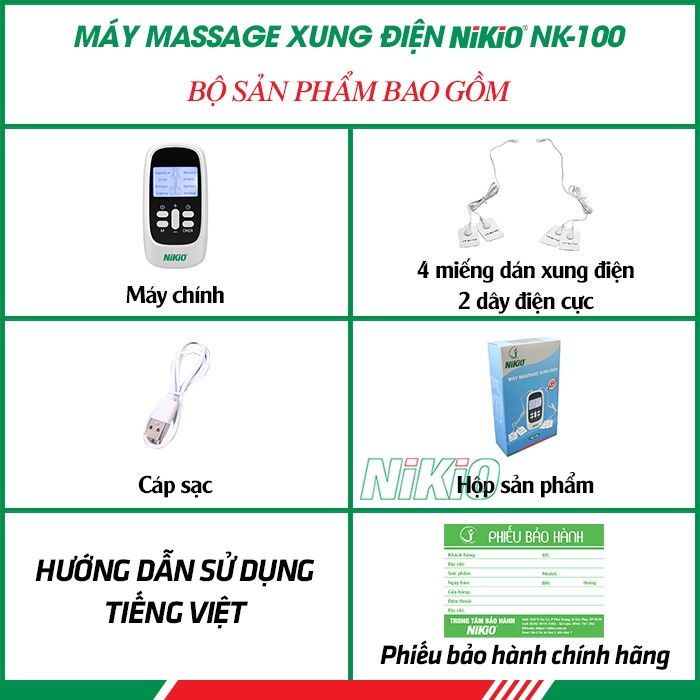 Bộ sản phẩm máy massage xung điện 4 miếng dán pin sạc Nikio NK-10