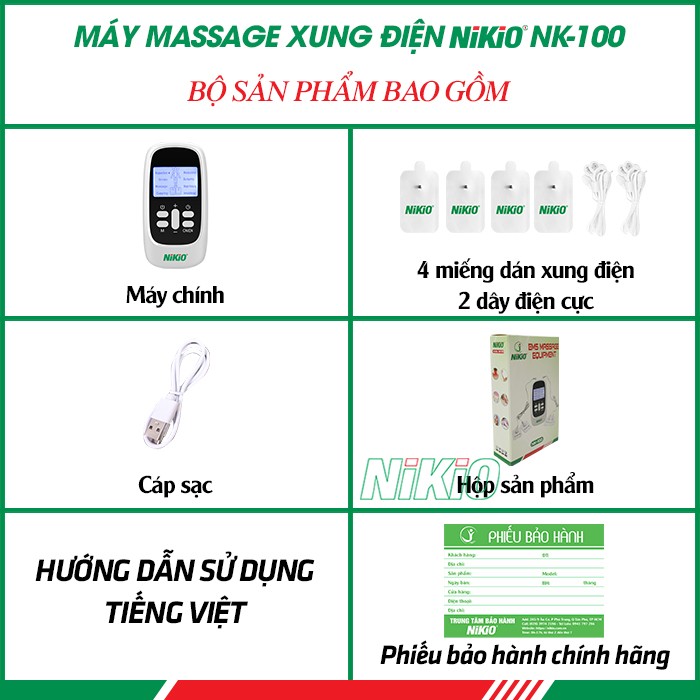 Bộ sản phẩm máy massage xung điện 4 miếng dán pin sạc Nikio NK-10