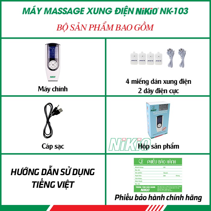 Bộ sản phẩm máy massage xung điện 4 miếng dán pin sạc Nikio NK-103
