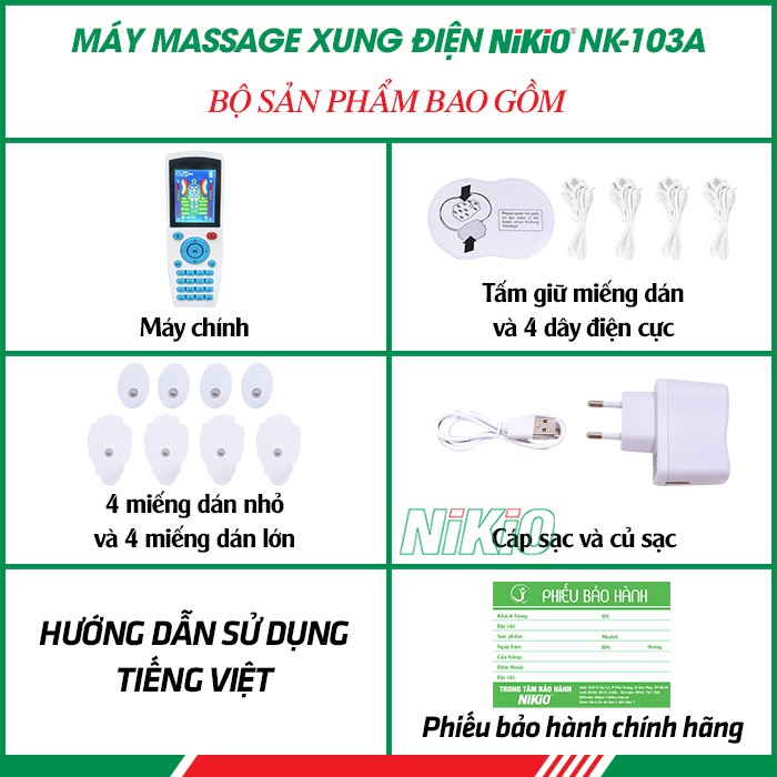 Bộ sản phẩm của máy massage xung điện Nikio NK-103A