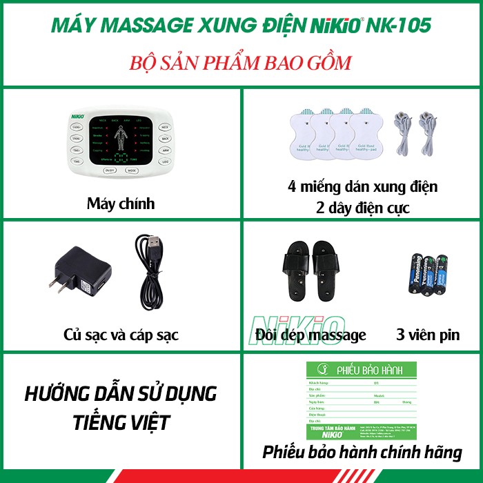 Bộ sản phẩm máy massage xung điện 4 miếng dán và đôi dép trị liệu bàn chân Nikio NK-105