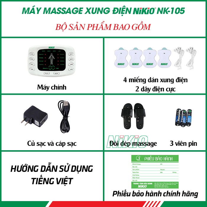 Bộ sản phẩm máy massage xung điện 4 miếng dán và đôi dép trị liệu bàn chân Nikio NK-105