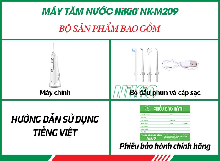 Bộ sản phẩm của máy tăm nước Nikio NK-M209